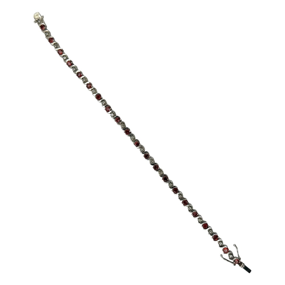 Vintage Tennis Bracelet 925 Sterling Silver 7.5in Red Garnet Box Clasp